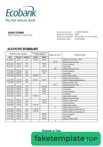 Feature of fake Togo Ecobank bank statement